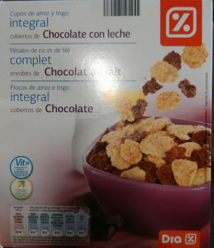 Copos de arroz y trigo integral  cubiertos de chocolate con leche Día