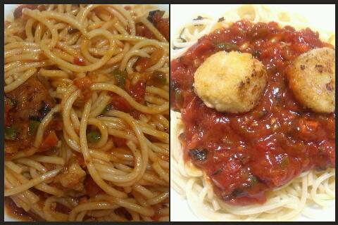 Pasta con zanahoria, pimiento y albóndigas