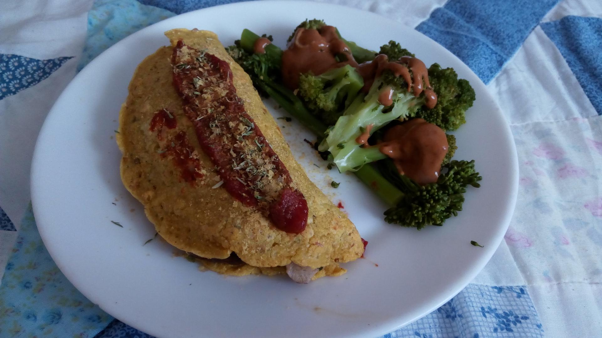 tortilla rellena y brócoli al miso-mostaza